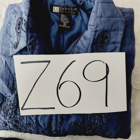 Carole Little Blue Quilted Black Floral Embroidery Silk Button Blazer Jacket Z69 - Picture 6 of 6